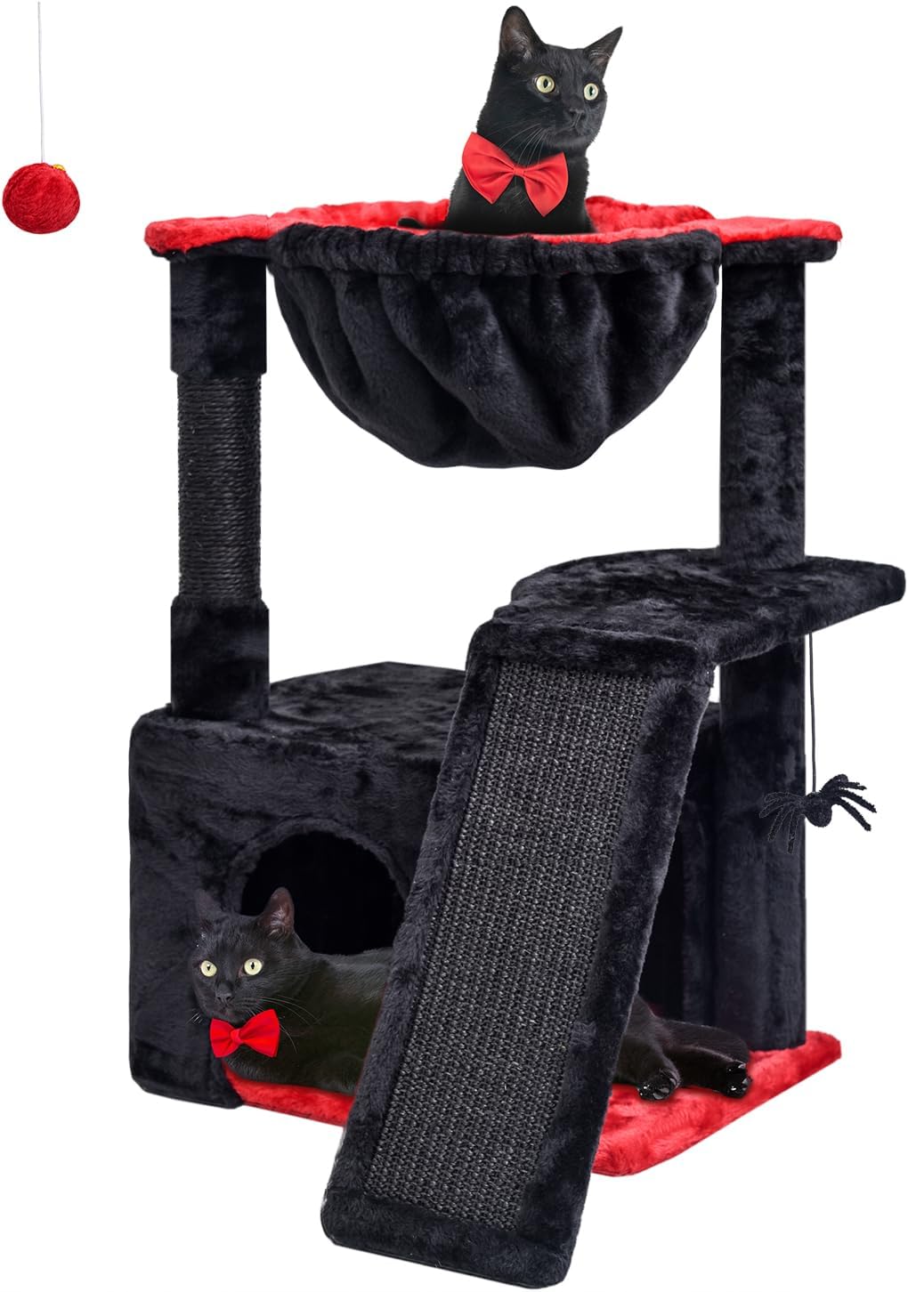 Gothic Cat Tree for Indoor Cats Large Adult, Modern Activity Tower with Scratching Posts & Board, Condo with Plush Perch, Cradle & Hanging Ball & Spider for Play, Black