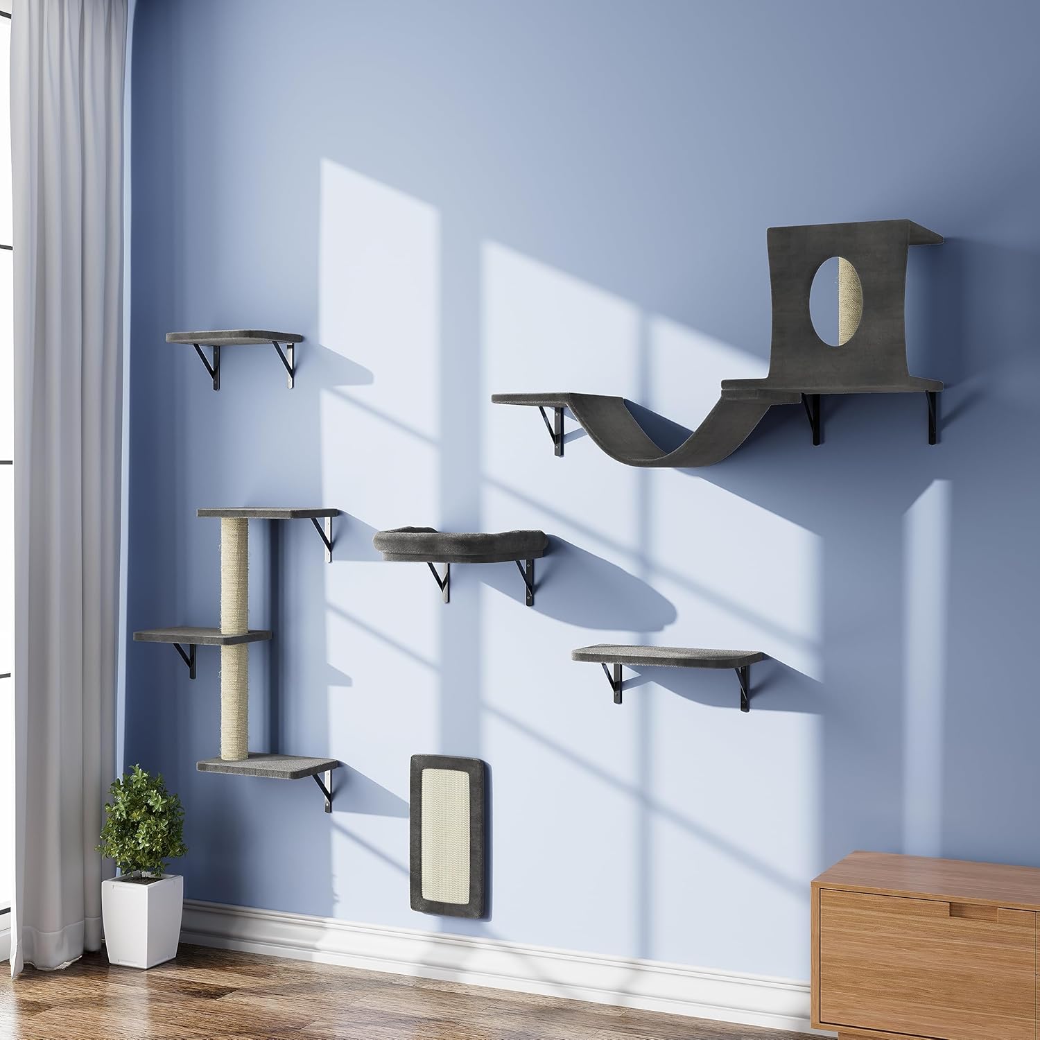 Wall Mounted Cat Furniture, 6pc Cat Wall Furniture, Cat Climber with Cat House, Bridge, Tree, Steps, and Scratcher, DIY Cat Walls Playground, Cat Shelves for Indoor Wall Furniture Set - Dark