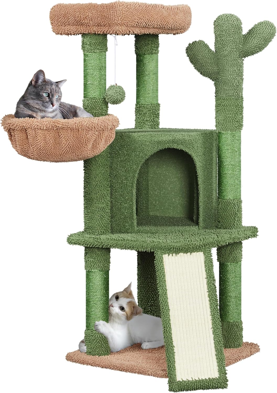 Cactus Cat Tree, 42in Cat Tower for Indoor Cats, Multi Level Cat Condo Scratching Post, Cat Activity Center Pet Furniture w/Ball, Plush Perch, Platform, Basket