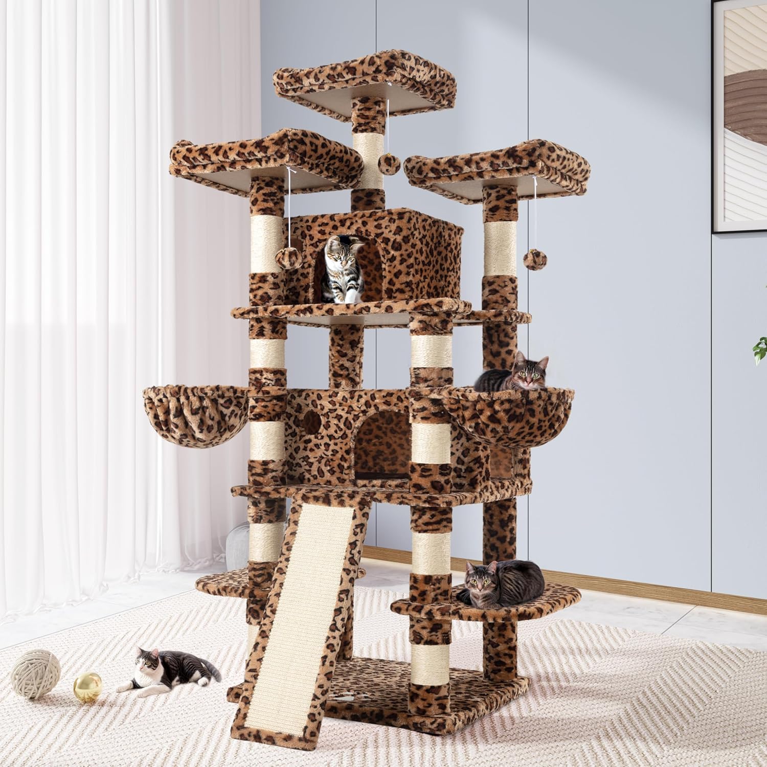 68 Inches Cat Tree/Cat Tree House and Towers for Large Cat/Cat Climbing Tree with Cat Condo/Cat Tree Scratching Post/Multi-Level Large Cat Tree/Leopard Print